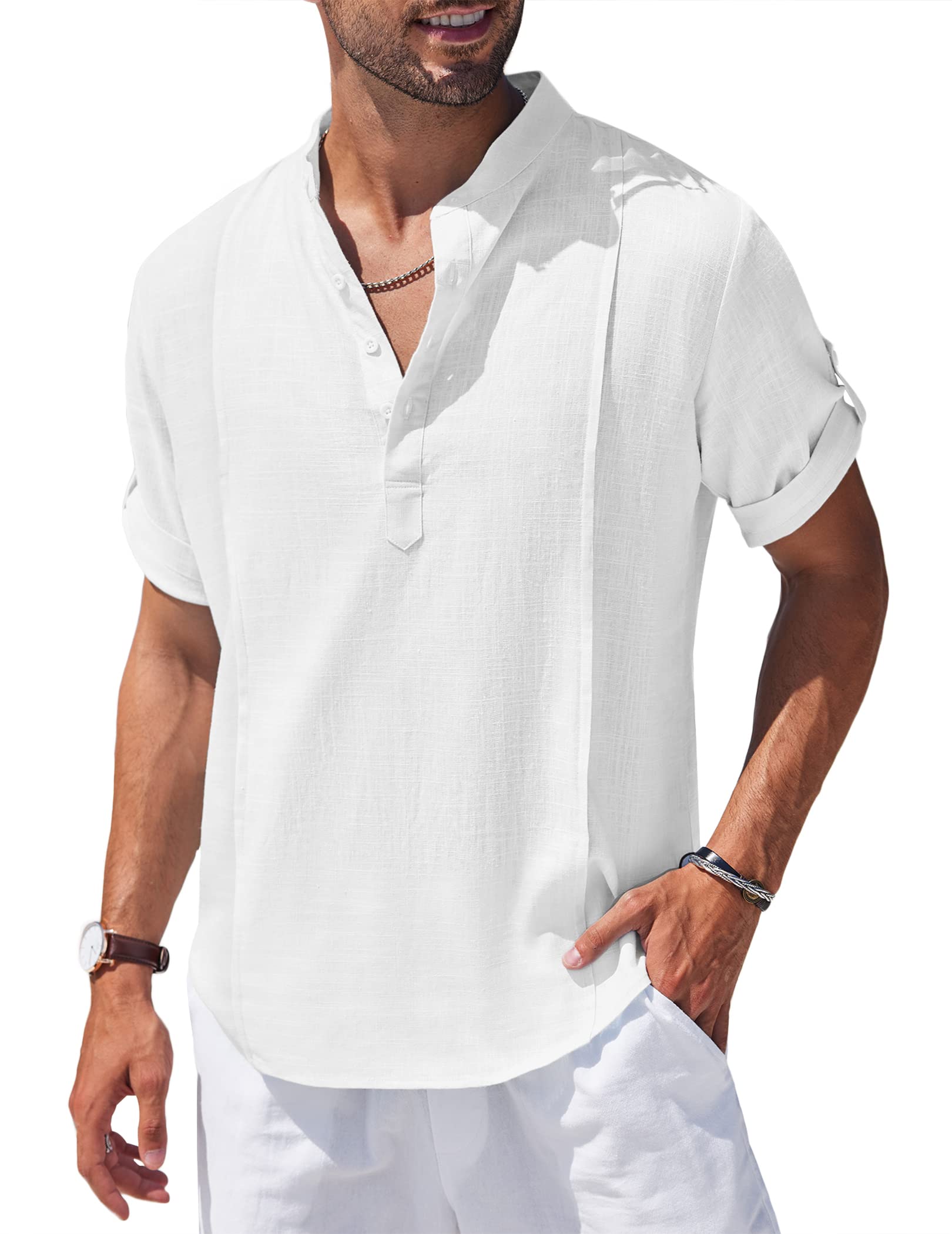 Chemise Henley en lin et coton pour homme, chemise décontractée hippie de plage, T-shirt à manches courtes