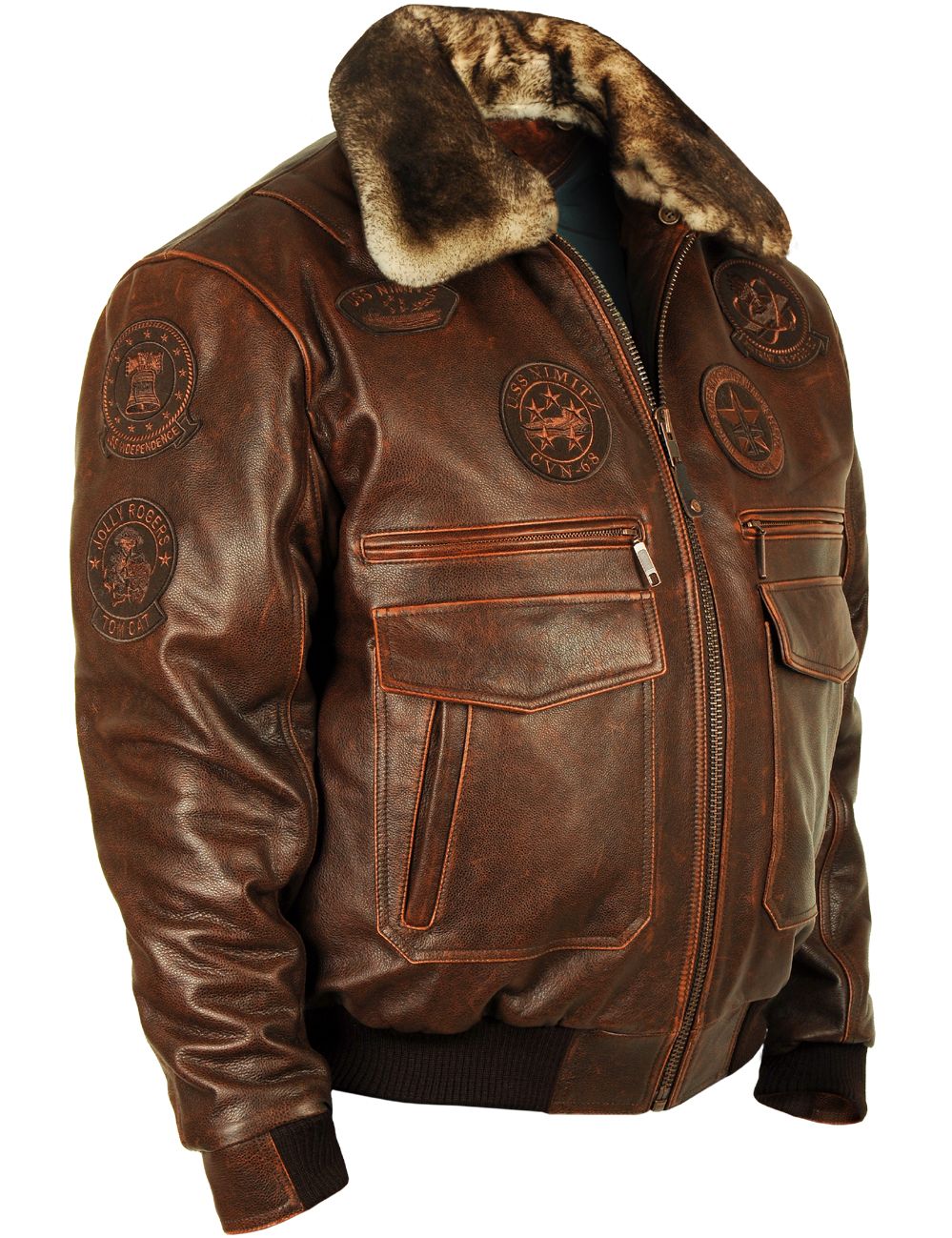 VESTE EN CUIR DE PILOTE TOP GUN JOLLY ROGERS - MARRON