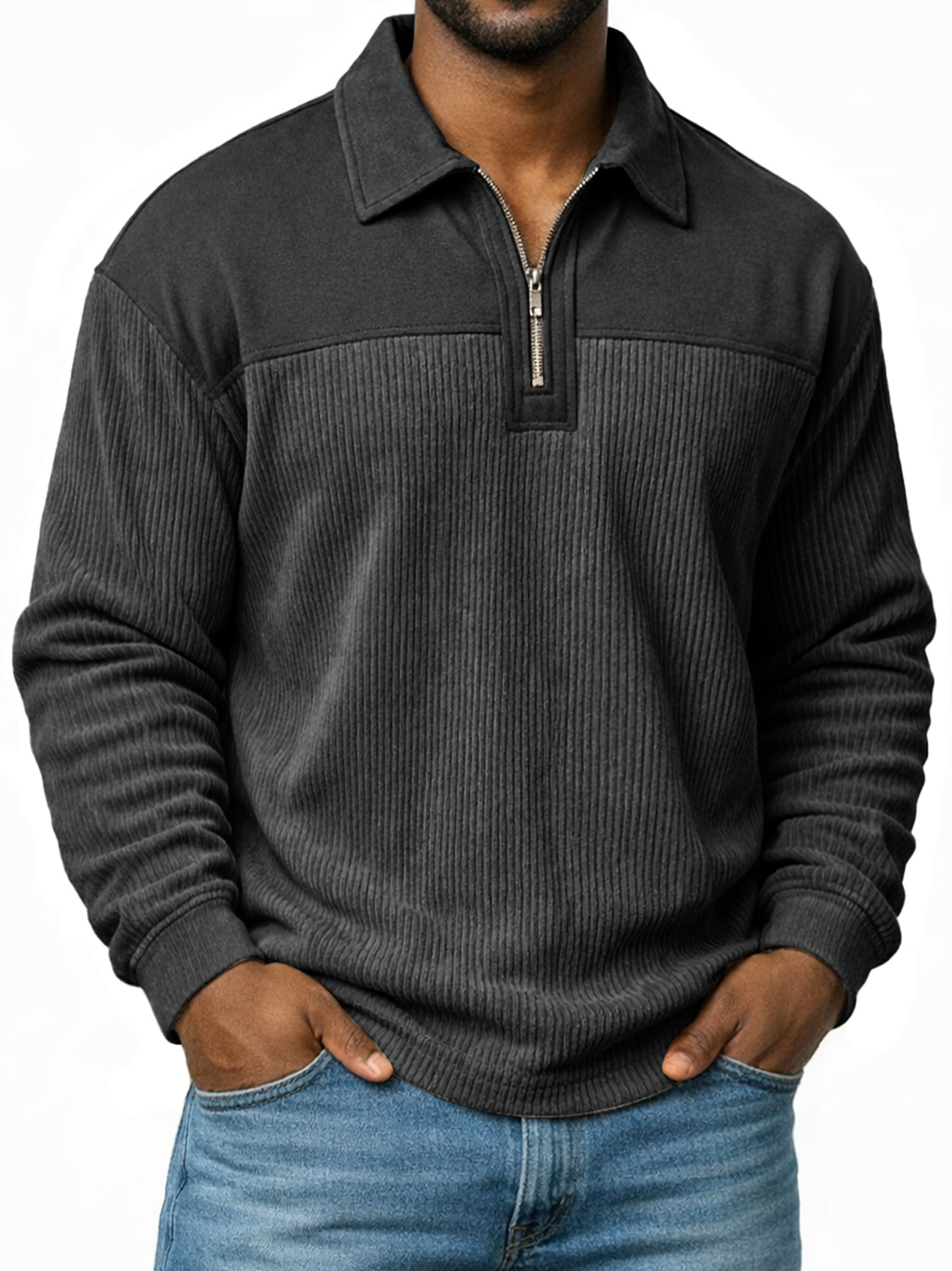 Polo à manches longues pour homme, coupe décontractée, avec col à revers et fermeture éclair, motif patchwork simple