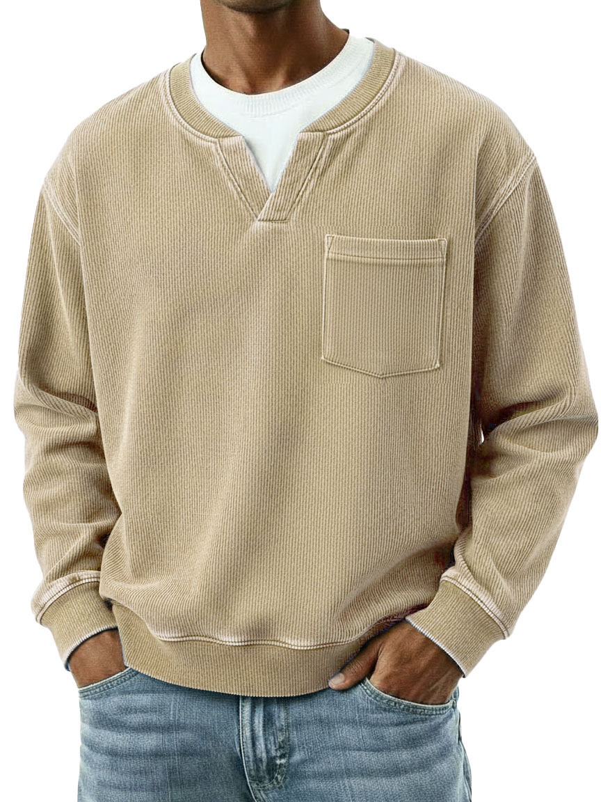 Men's Fashionable Casual Ribbed Fabric Faux Two-Piece Pocket Long-Sleeve T-Shirt