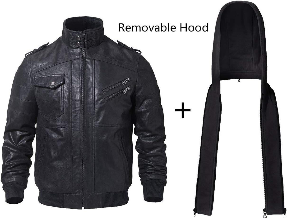 RCELINE Veste en Cuir véritable Homme à Capuche Blouson