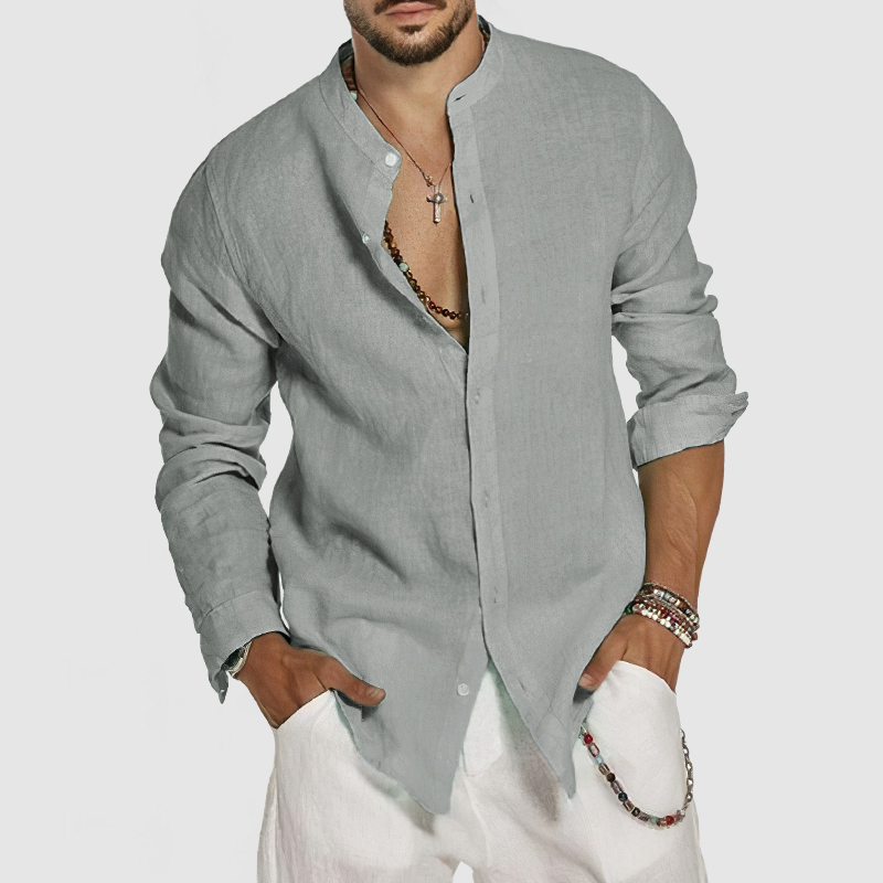 Chemise en coton et lin pour homme à col montant – style plage