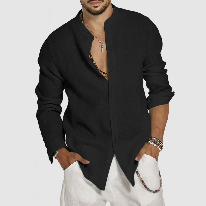 Chemise en coton et lin pour homme à col montant – style plage