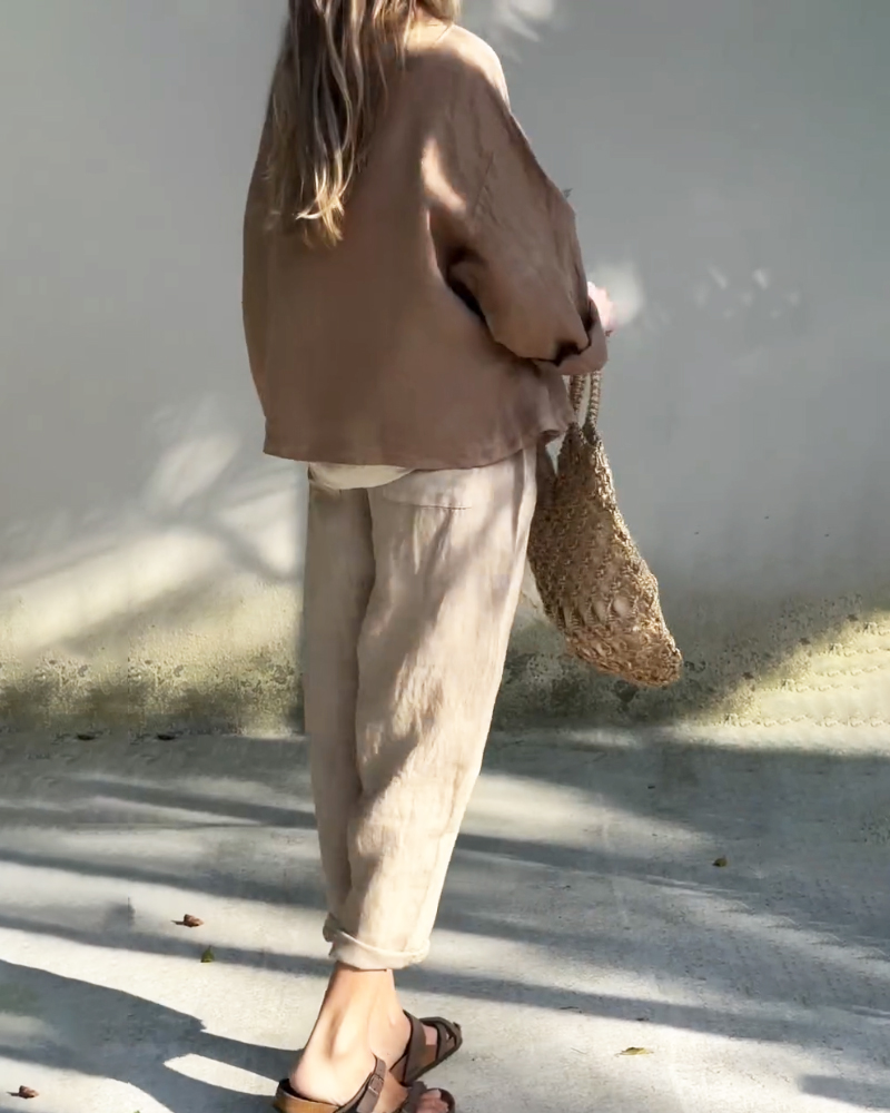 Ensemble deux pièces décontracté avec chemise à col rabattu et pantalon (sans ceinture)