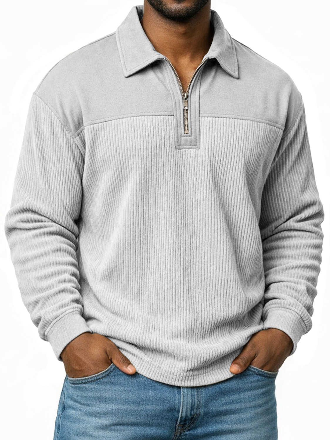 Polo à manches longues pour homme, coupe décontractée, avec col à revers et fermeture éclair, motif patchwork simple