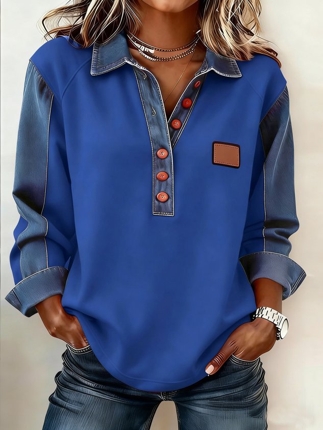 Polo en jean à manches longues, coupe décontractée, avec empiècements de couleurs contrastées
