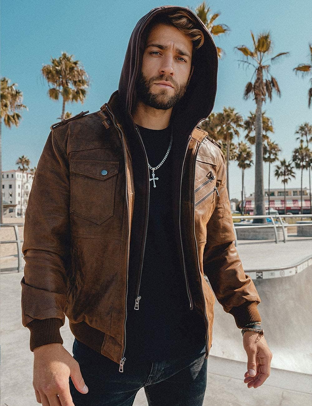 RCELINE Veste en Cuir véritable Homme à Capuche Blouson