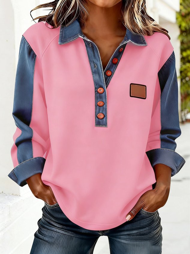 Polo en jean à manches longues, coupe décontractée, avec empiècements de couleurs contrastées