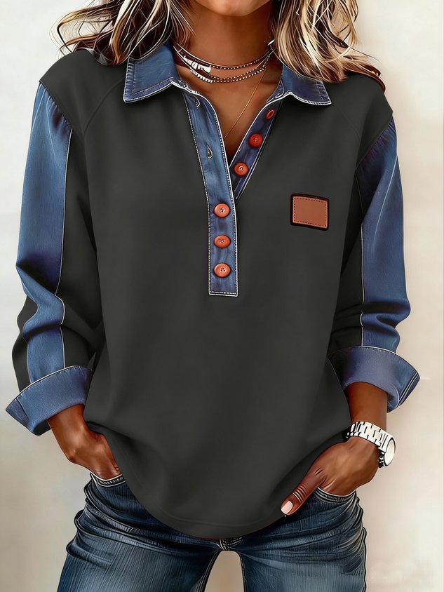 Polo en jean à manches longues, coupe décontractée, avec empiècements de couleurs contrastées