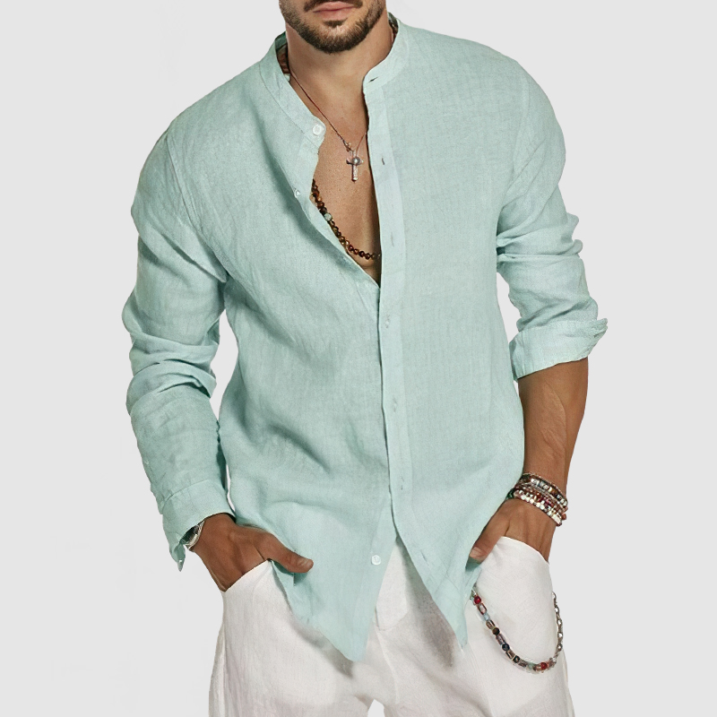 Chemise en coton et lin pour homme à col montant – style plage
