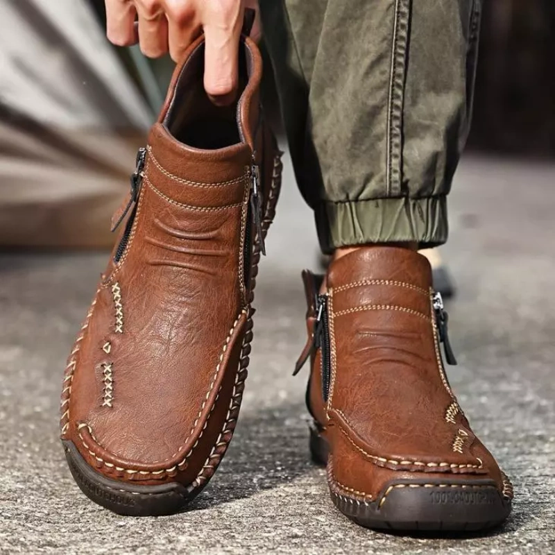 Bottes en cuir de vache cousues à la main pour hommes, confortables, imperméables et antidérapantes