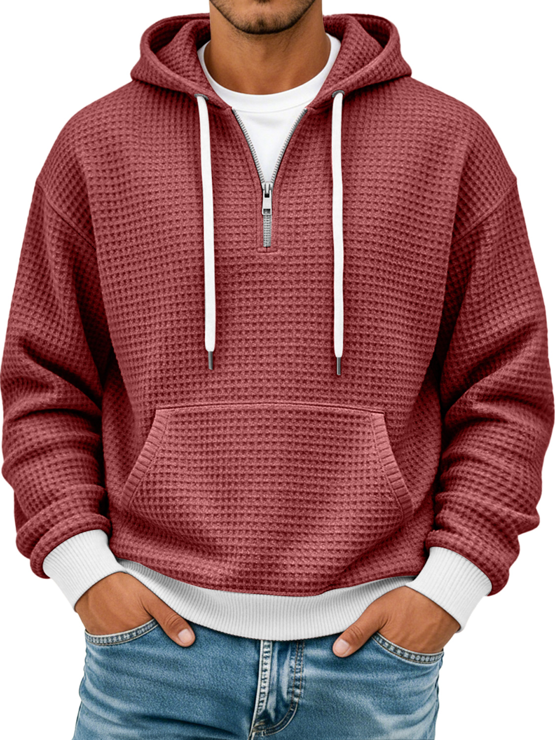 Men's Waffle Texture Colorblock Casual Hooded Sweatshirt
