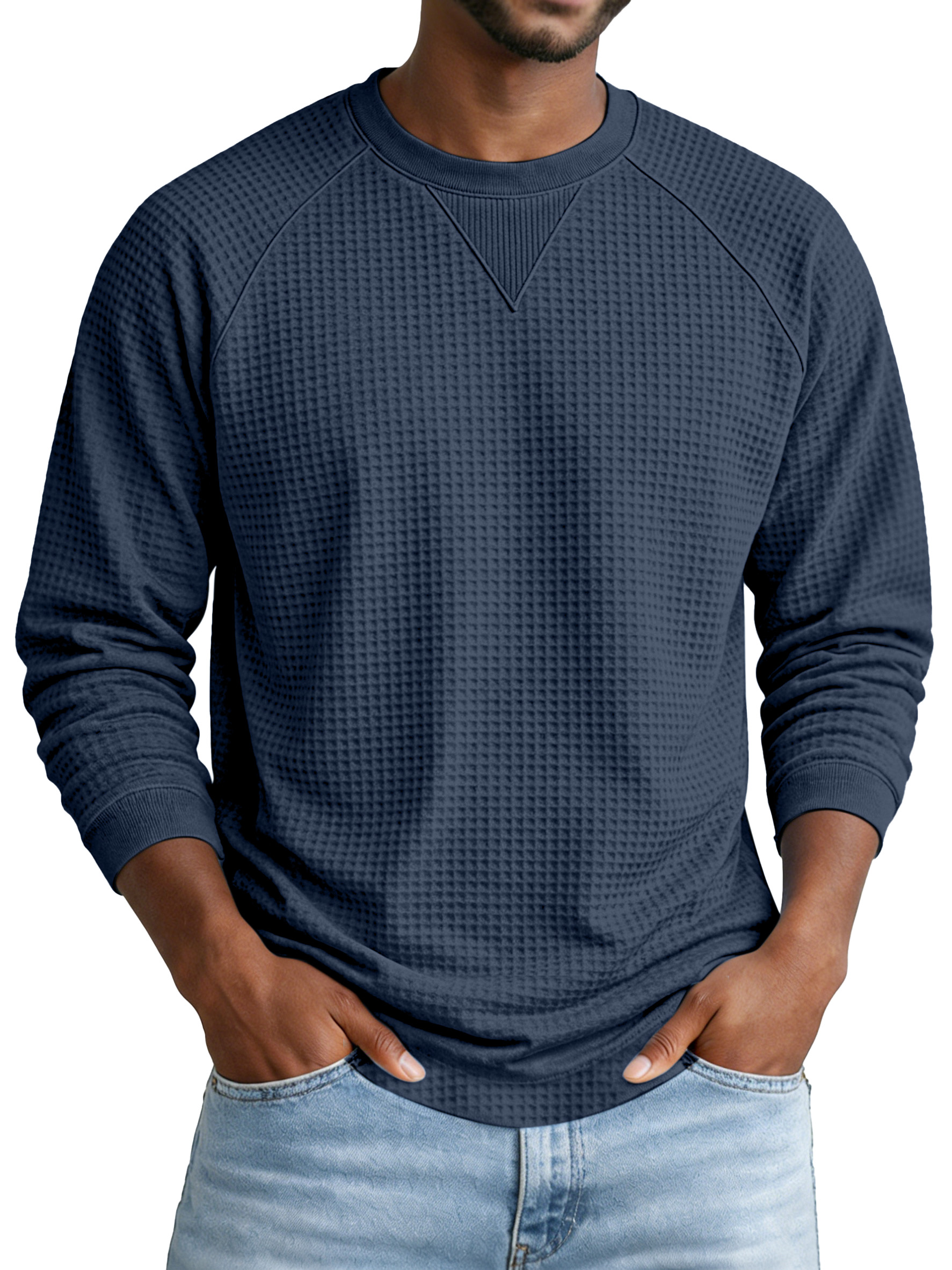 Men's Everyday Solid Color Waffle Knit Inverted Triangle Design Pocketed Crew Neck Long-sleeved T-shirt