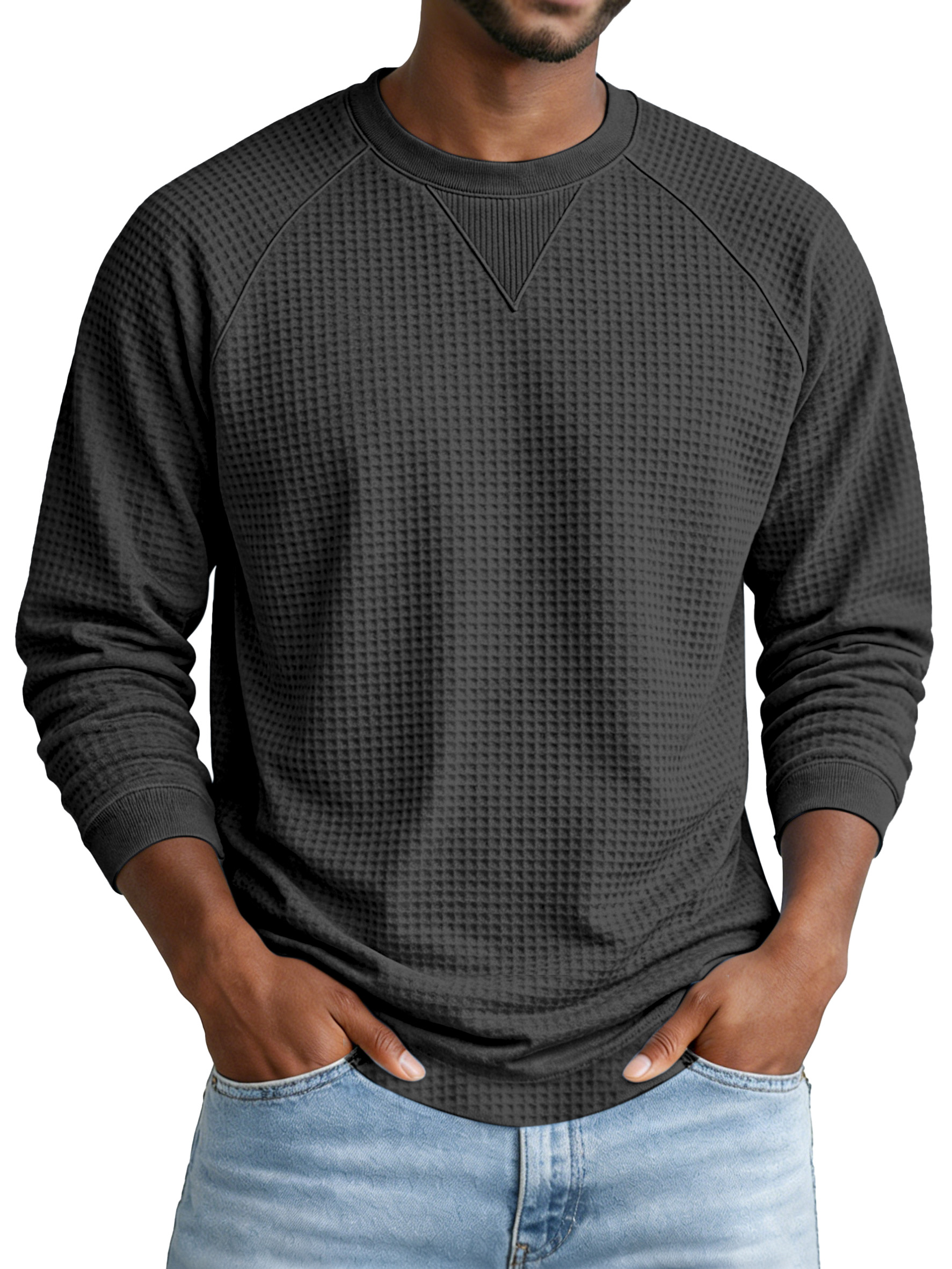 Men's Everyday Solid Color Waffle Knit Inverted Triangle Design Pocketed Crew Neck Long-sleeved T-shirt