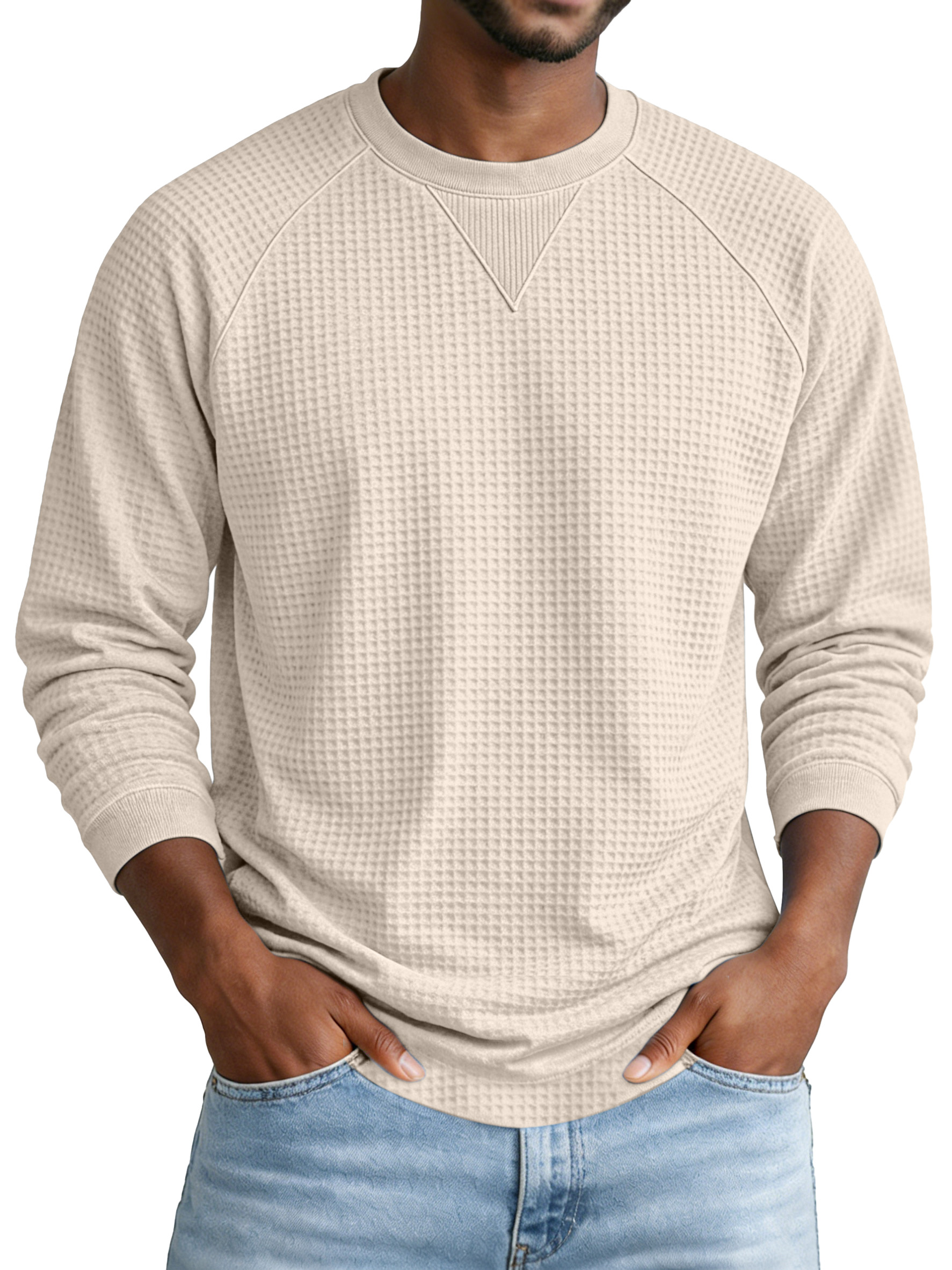 Men's Everyday Solid Color Waffle Knit Inverted Triangle Design Pocketed Crew Neck Long-sleeved T-shirt