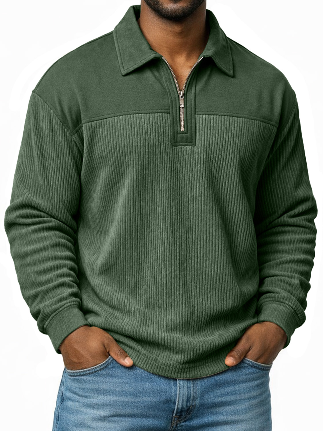 Polo à manches longues pour homme, coupe décontractée, avec col à revers et fermeture éclair, motif patchwork simple