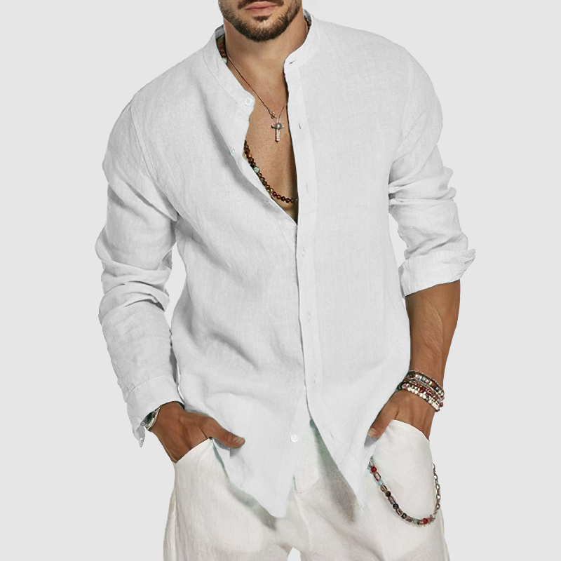 Chemise en coton et lin pour homme à col montant – style plage
