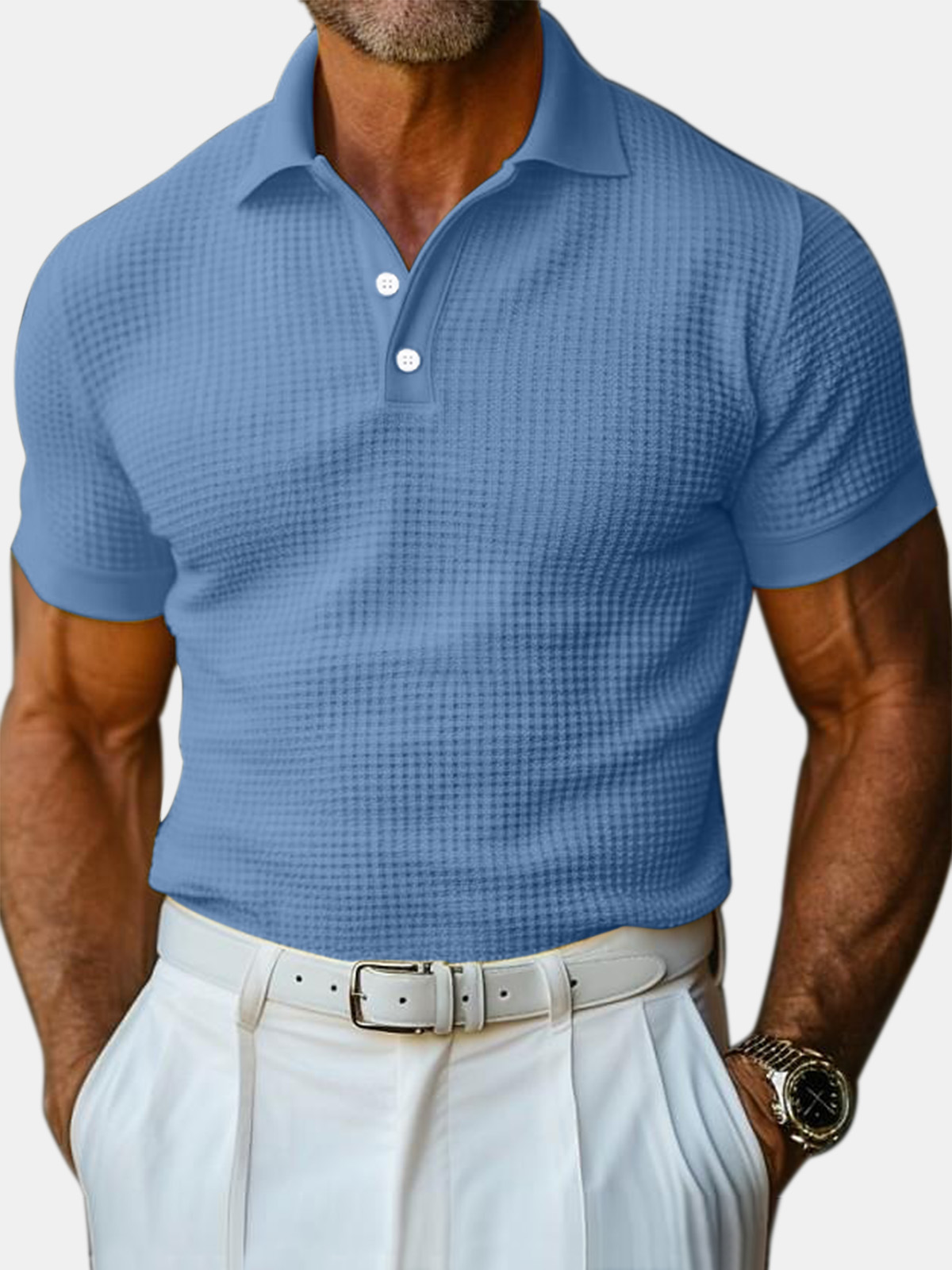 Polo à manches courtes pour homme en maille gaufrée unie, style décontracté
