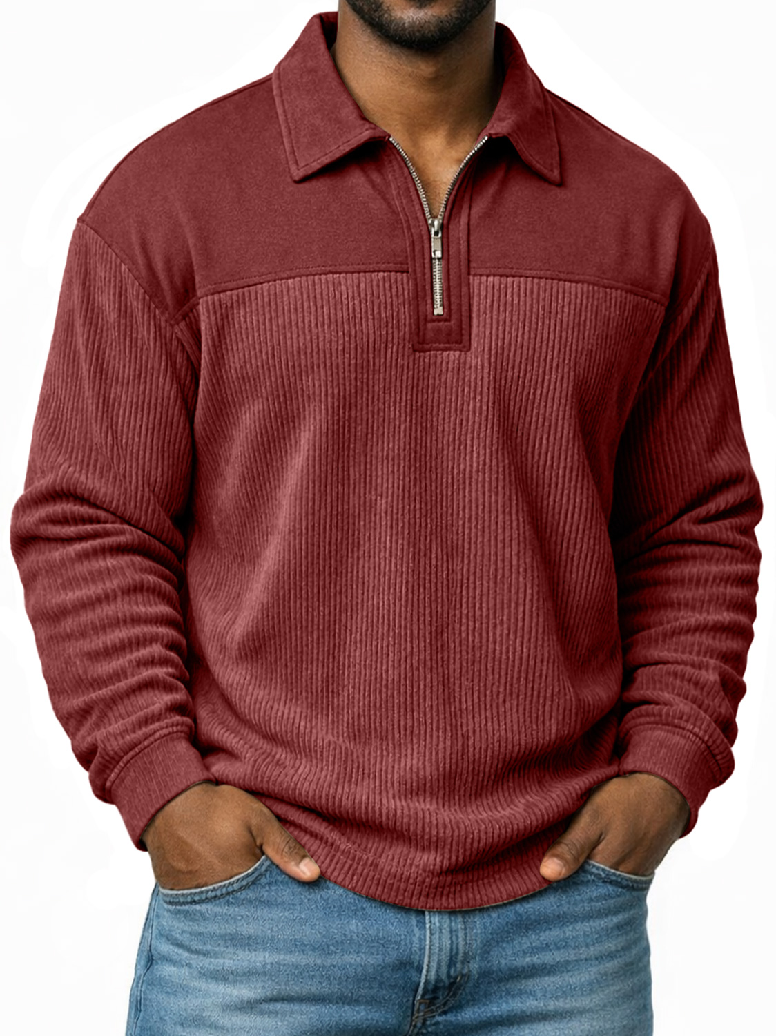 Polo à manches longues pour homme, coupe décontractée, avec col à revers et fermeture éclair, motif patchwork simple