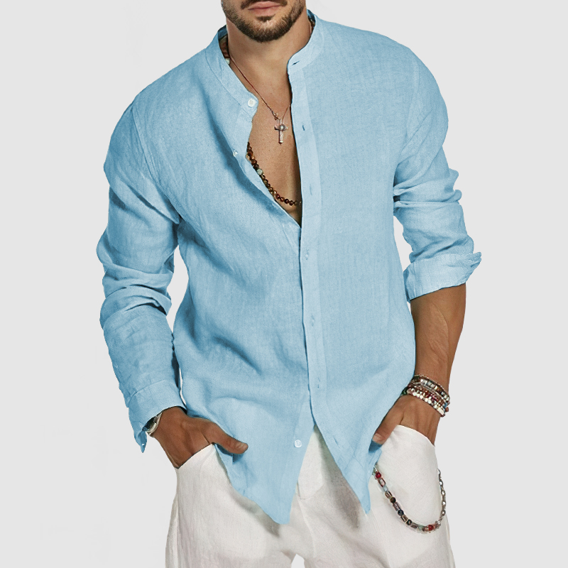 Chemise en coton et lin pour homme à col montant – style plage