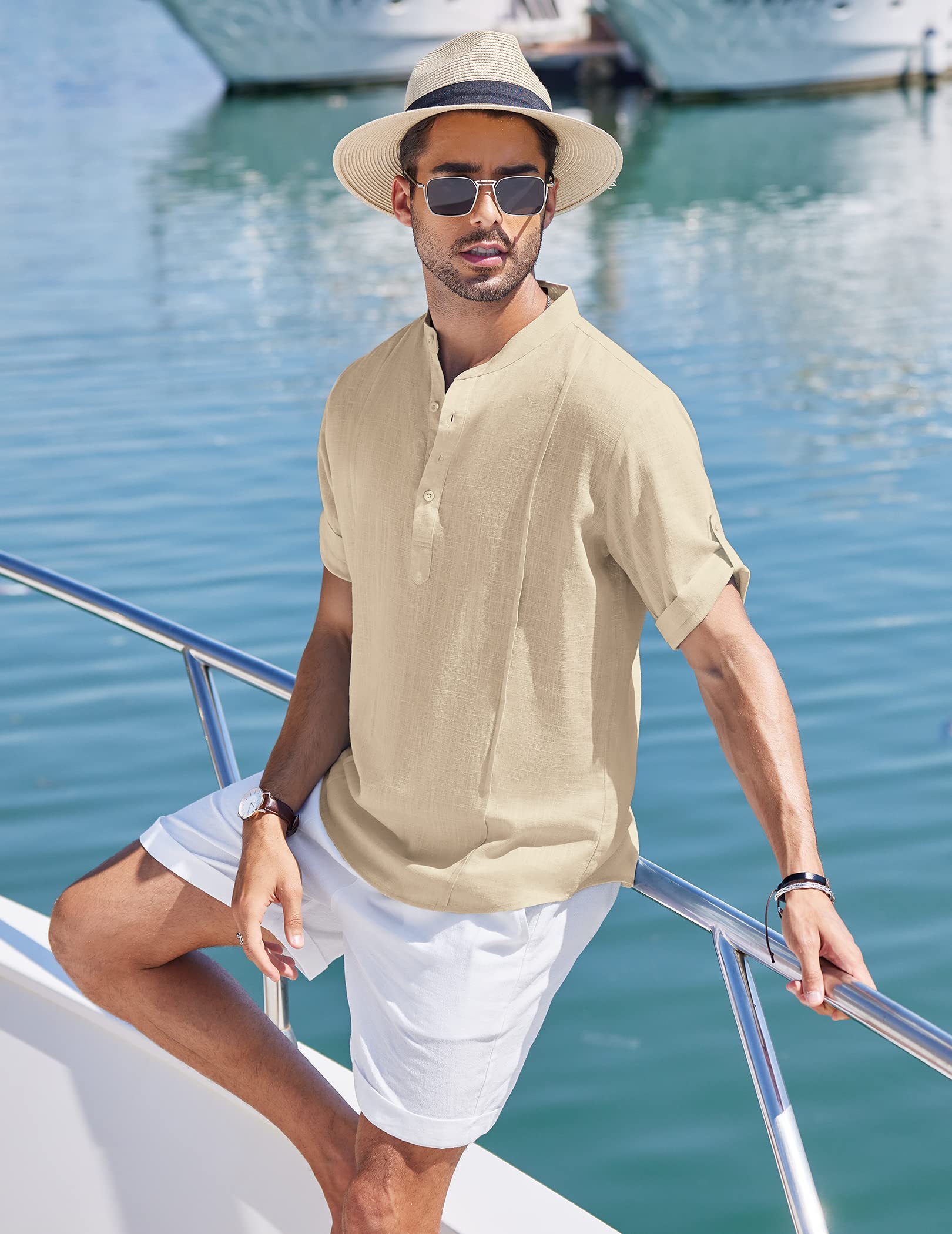 Chemise Henley en lin et coton pour homme, chemise décontractée hippie de plage, T-shirt à manches courtes
