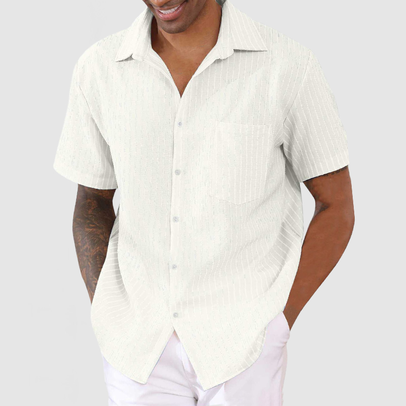 Chemise courte à manches pour homme en coton et lin rayée décontractée
