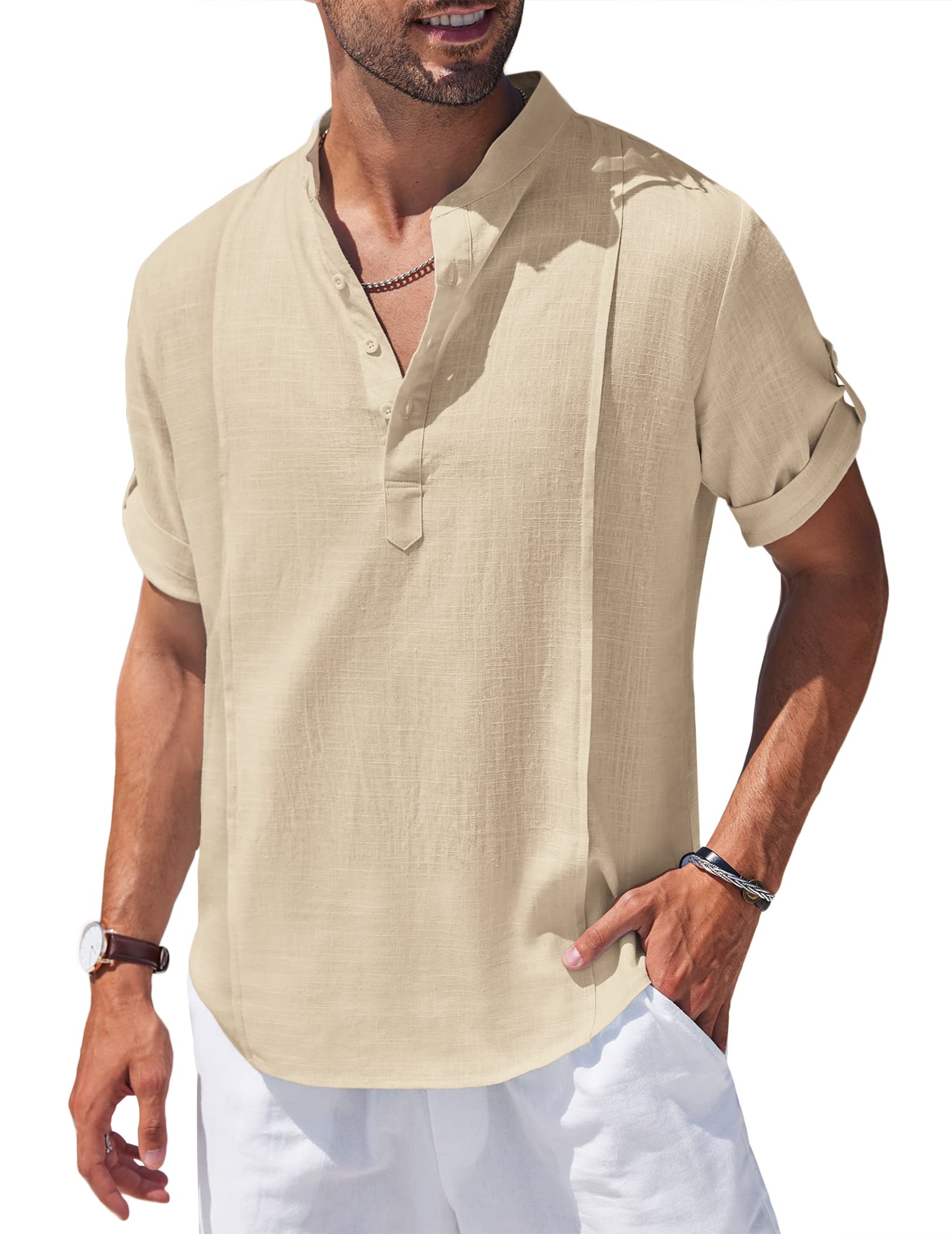 Chemise Henley en lin et coton pour homme, chemise décontractée hippie de plage, T-shirt à manches courtes