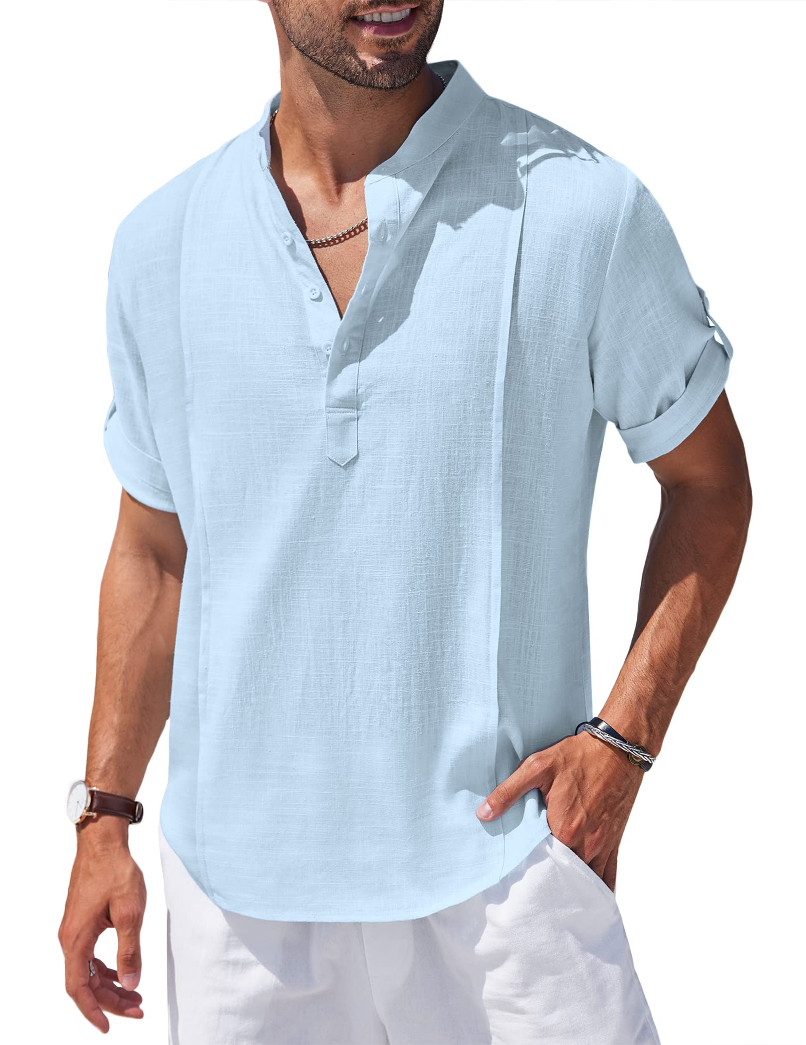 Chemise Henley en lin et coton pour homme, chemise décontractée hippie de plage, T-shirt à manches courtes