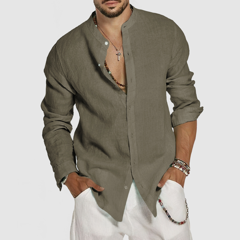 Chemise en coton et lin pour homme à col montant – style plage