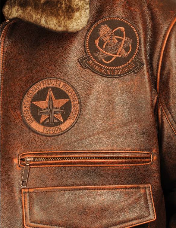 VESTE EN CUIR DE PILOTE TOP GUN JOLLY ROGERS - MARRON