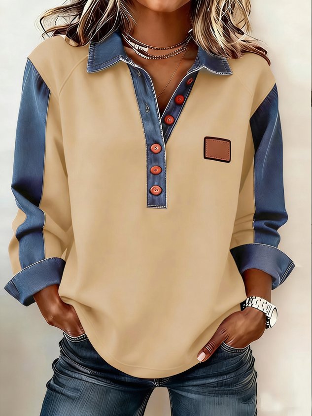 Polo en jean à manches longues, coupe décontractée, avec empiècements de couleurs contrastées