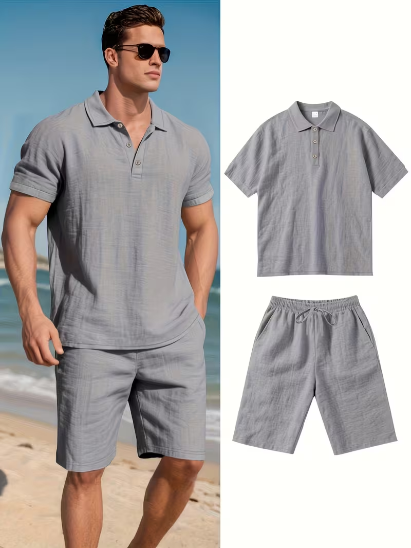 ⏰ Dernier jour : 50 % de réduction ! 🔥 – Ensemble d’été en lin pour homme avec chemise à manches courtes et short