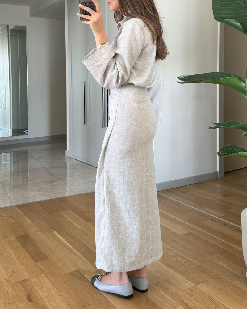 Ensemble deux pièces chemise à revers décontractée et jupe à lacets