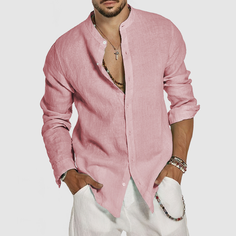 Chemise en coton et lin pour homme à col montant – style plage