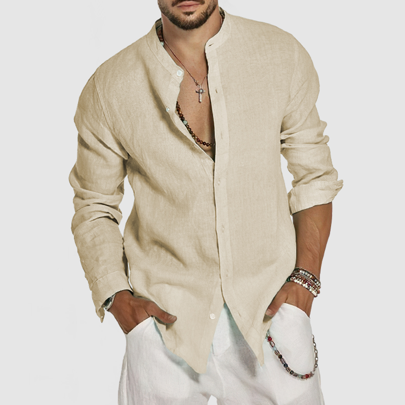 Chemise en coton et lin pour homme à col montant – style plage