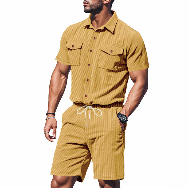 Ensemble zomer 2025 in corduroy voor mannen: korte mouwen overhemd met zakken en short