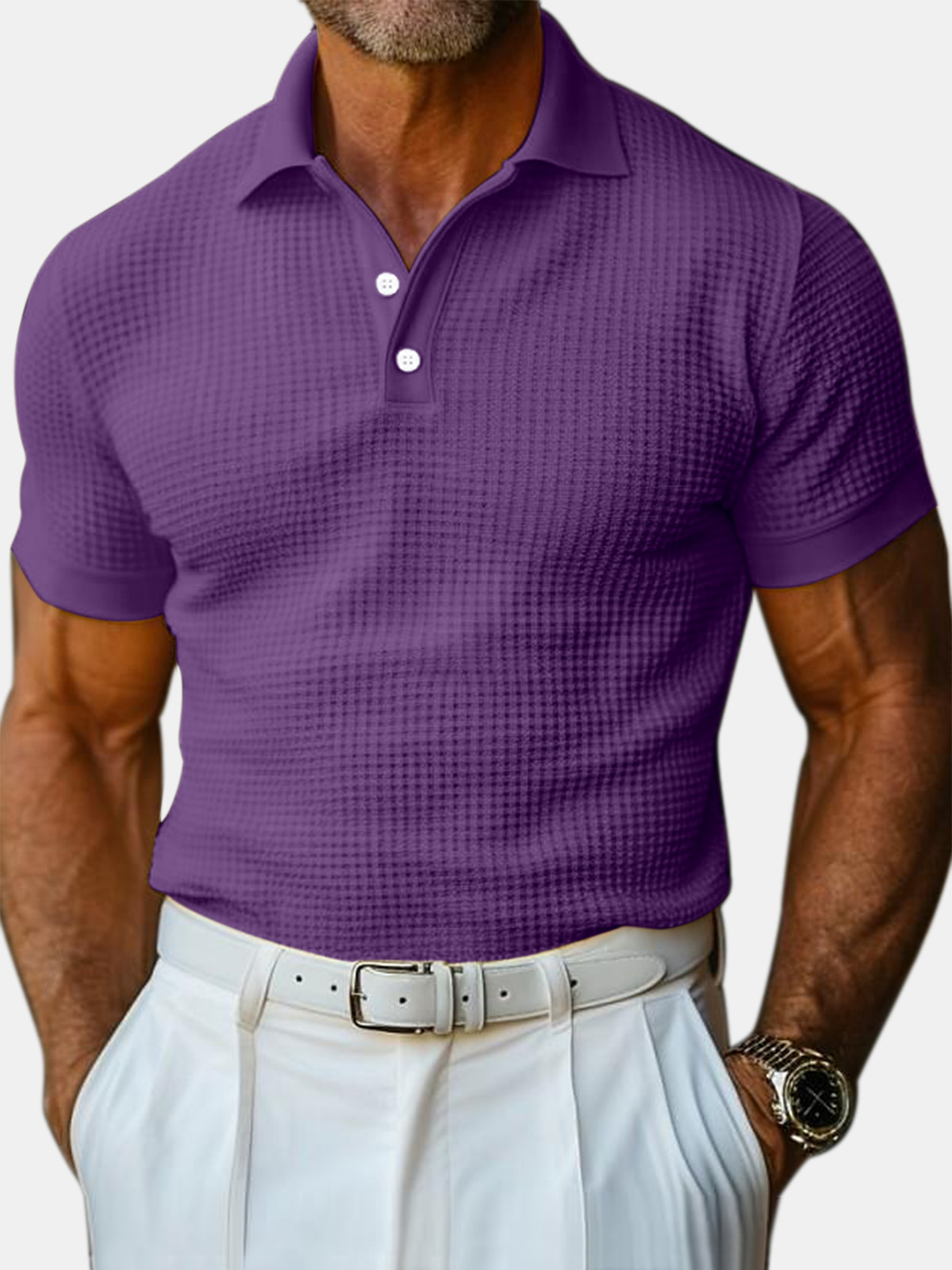 Polo à manches courtes pour homme en maille gaufrée unie, style décontracté