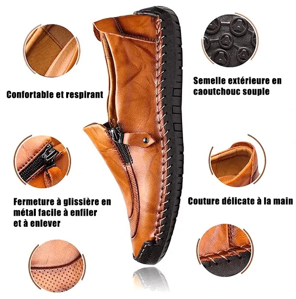 🔥 Cette semaine en promotion - 70 % de réduction 🔥 Mocassins en cuir confortables pour hommes avec fermeture éclair latérale, chaussures de marche orthopédiques confortables