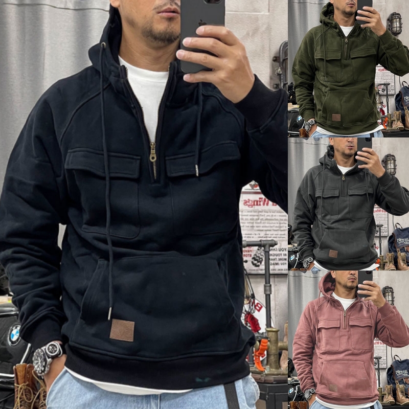 Sweatshirt à capuche à demi-fermeture éclair pour homme - Coupe ample