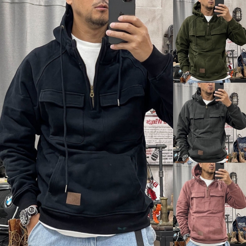 Sweatshirt à capuche à demi-fermeture éclair pour homme - Coupe ample