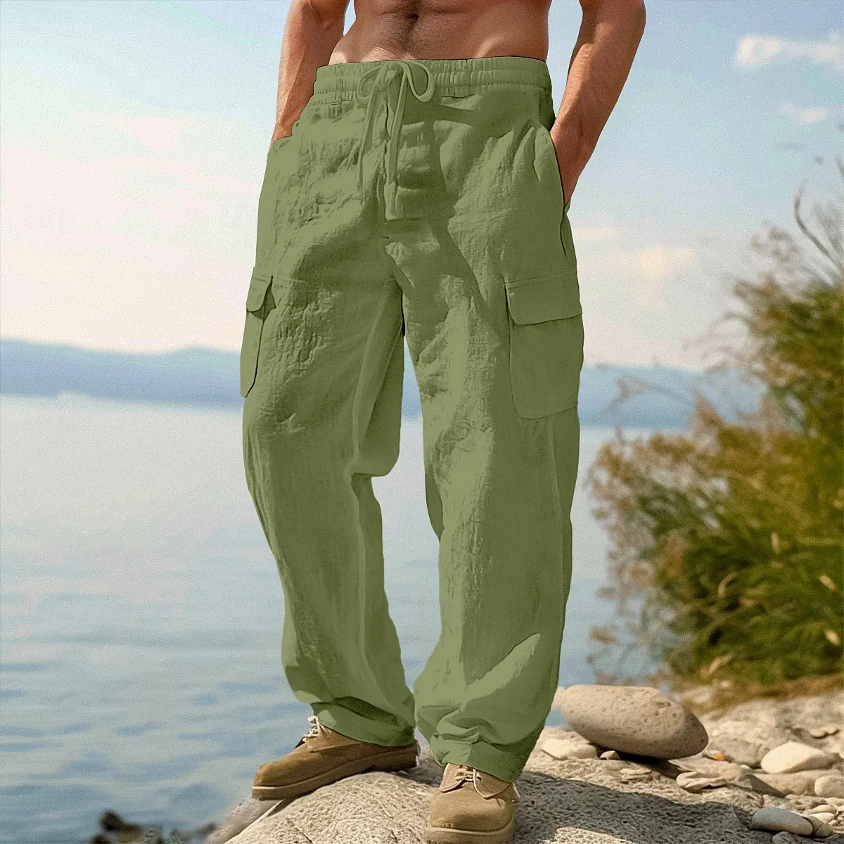 Pantalon en lin pour homme – Pantalon d'été décontracté, longueur classique, idéal pour le quotidien, les vacances et les voyages