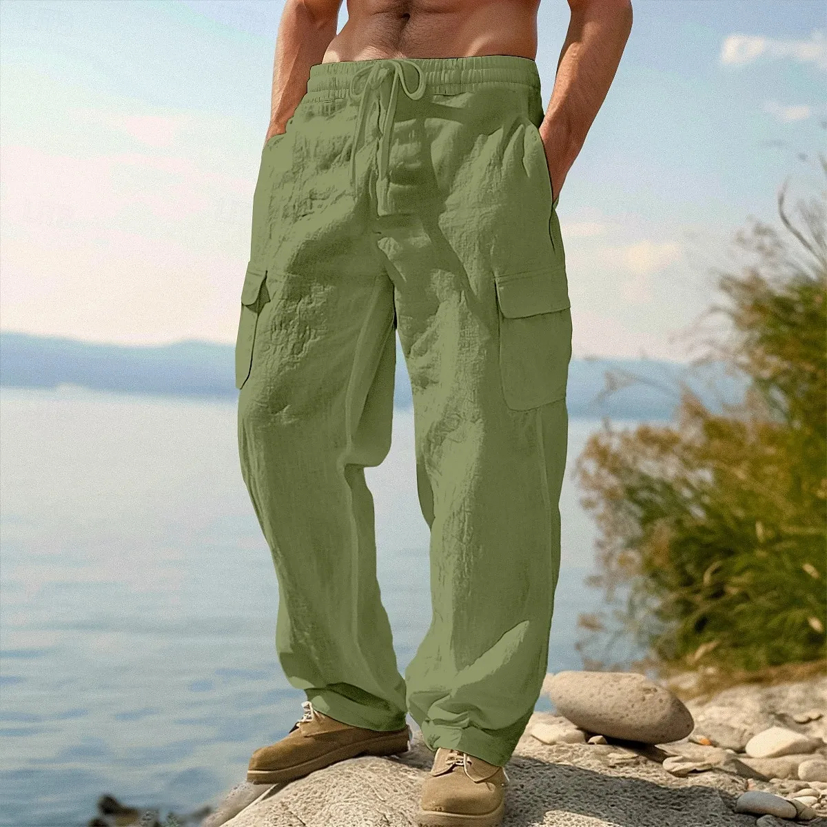 Pantalon en lin pour homme – Pantalon d'été décontracté, longueur clas