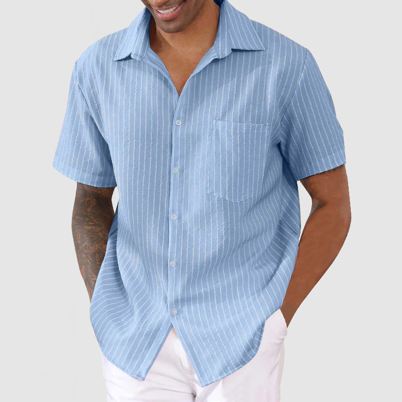 Chemise courte à manches pour homme en coton et lin rayée décontractée