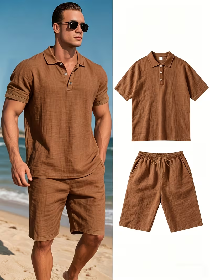 ⏰ Dernier jour : 50 % de réduction ! 🔥 – Ensemble d’été en lin pour homme avec chemise à manches courtes et short