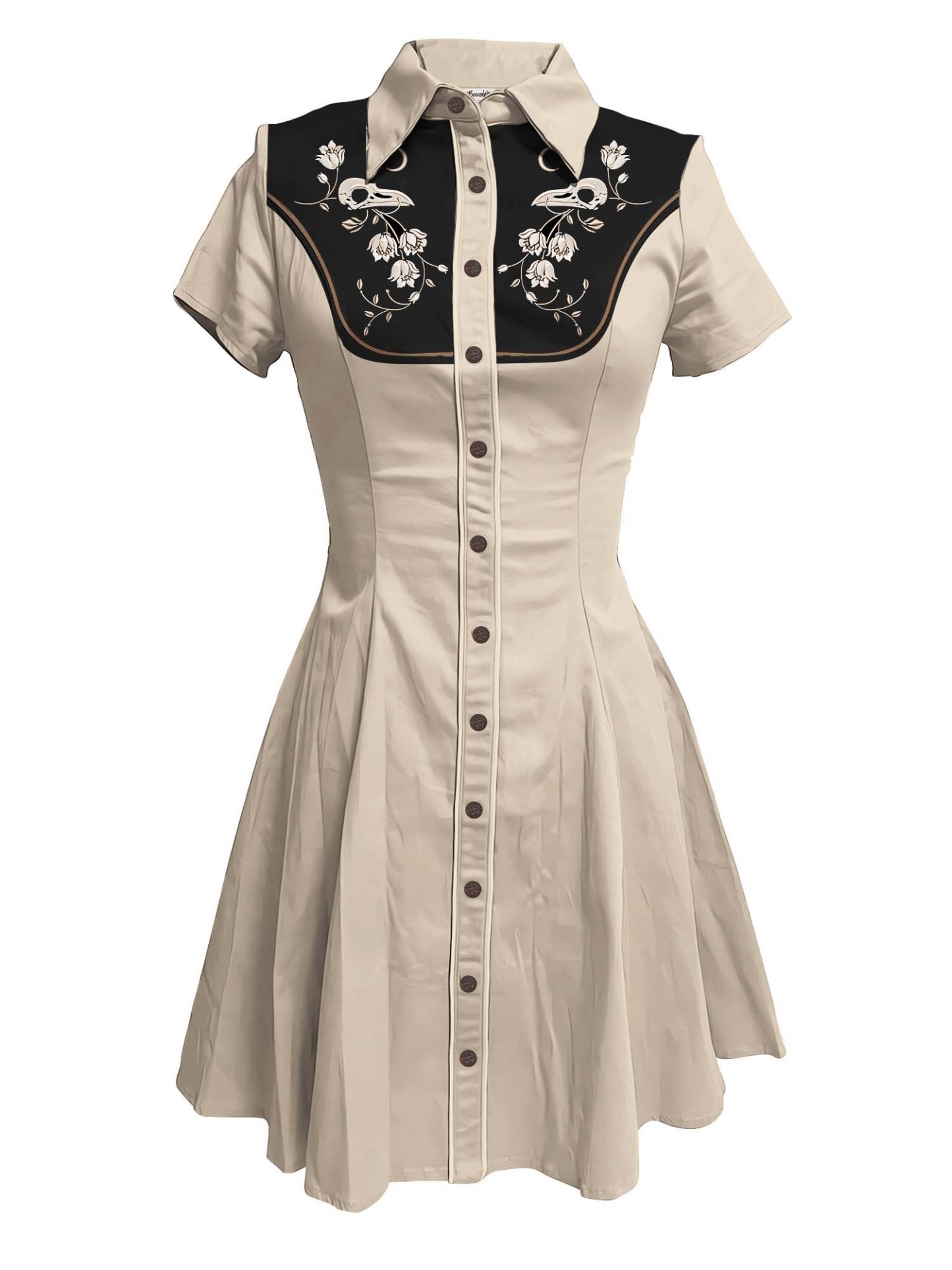 [Broderie] Tête de Corbeau Squelette et Fleur - Robe 100% Coton avec Double Poche