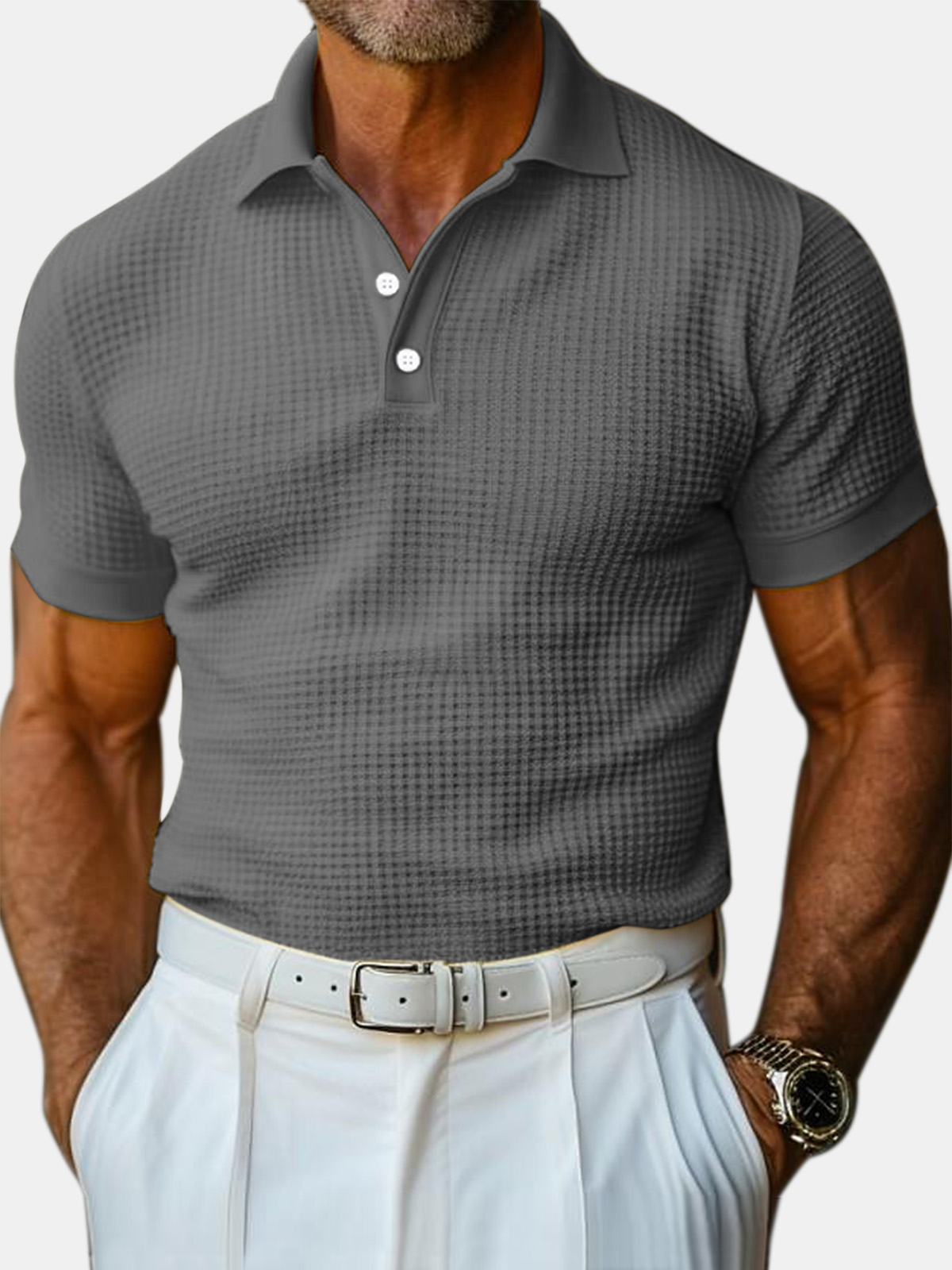 Polo à manches courtes pour homme en maille gaufrée unie, style décontracté