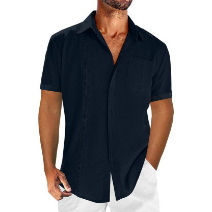 Chemise courte à manches pour homme en lin et coton, couleur unie et décontractée