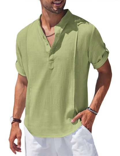 Chemise Henley en lin et coton pour homme, chemise décontractée hippie de plage, T-shirt à manches courtes