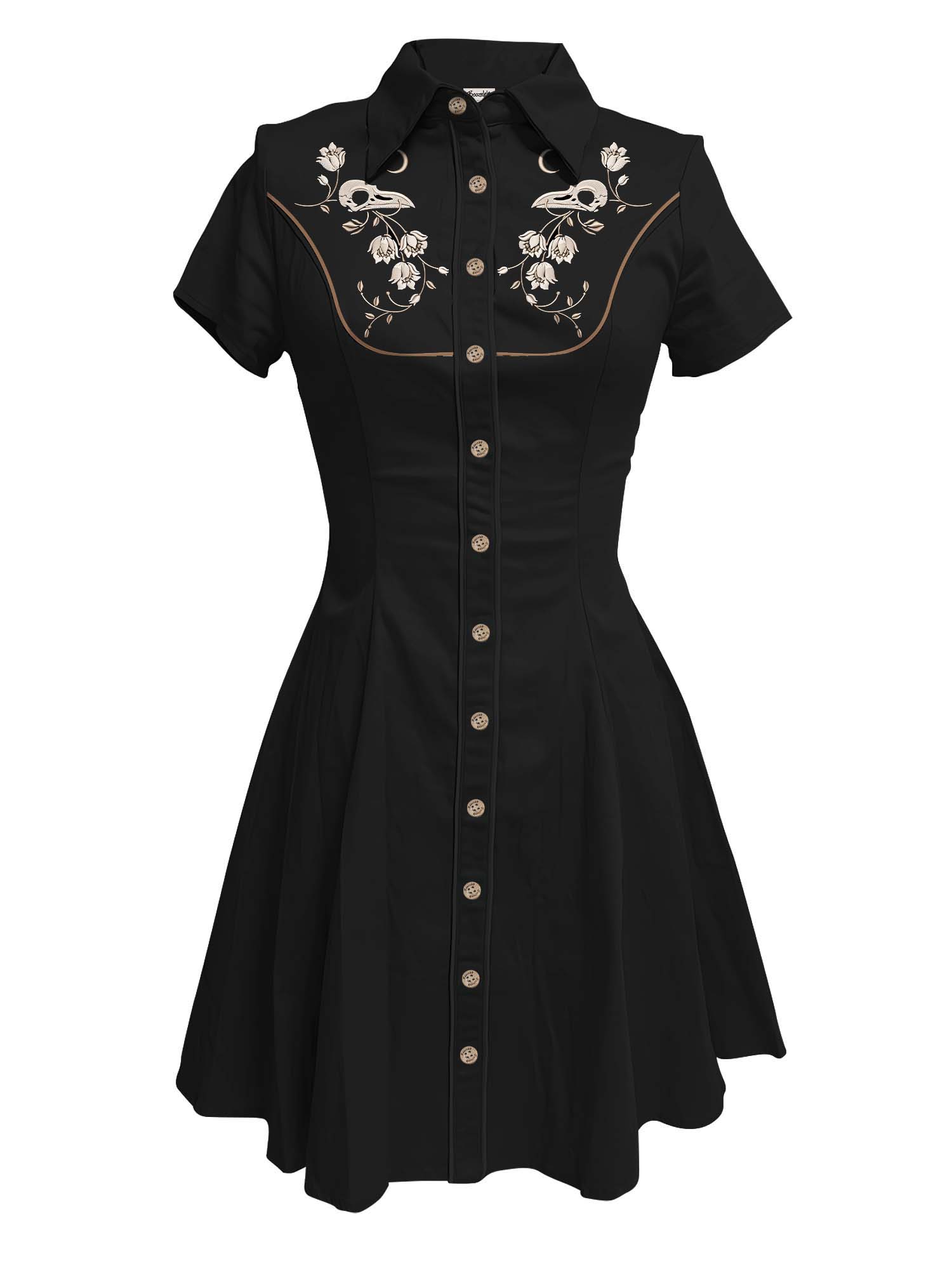 [Broderie] Tête de Corbeau Squelette et Fleur - Robe 100% Coton avec Double Poche