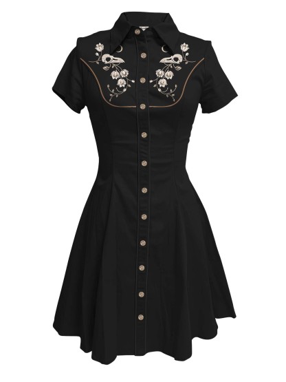[Broderie] Tête de Corbeau Squelette et Fleur - Robe 100% Coton avec Double Poche